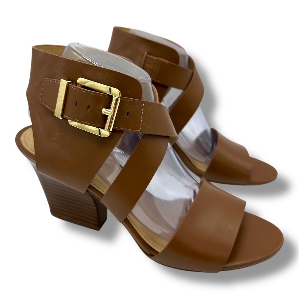 Michael Kors Womens Luggage Tan Leather Adriana Wedge Sandals Gold Buckle Sz 9.5 - Picture 3 of 16